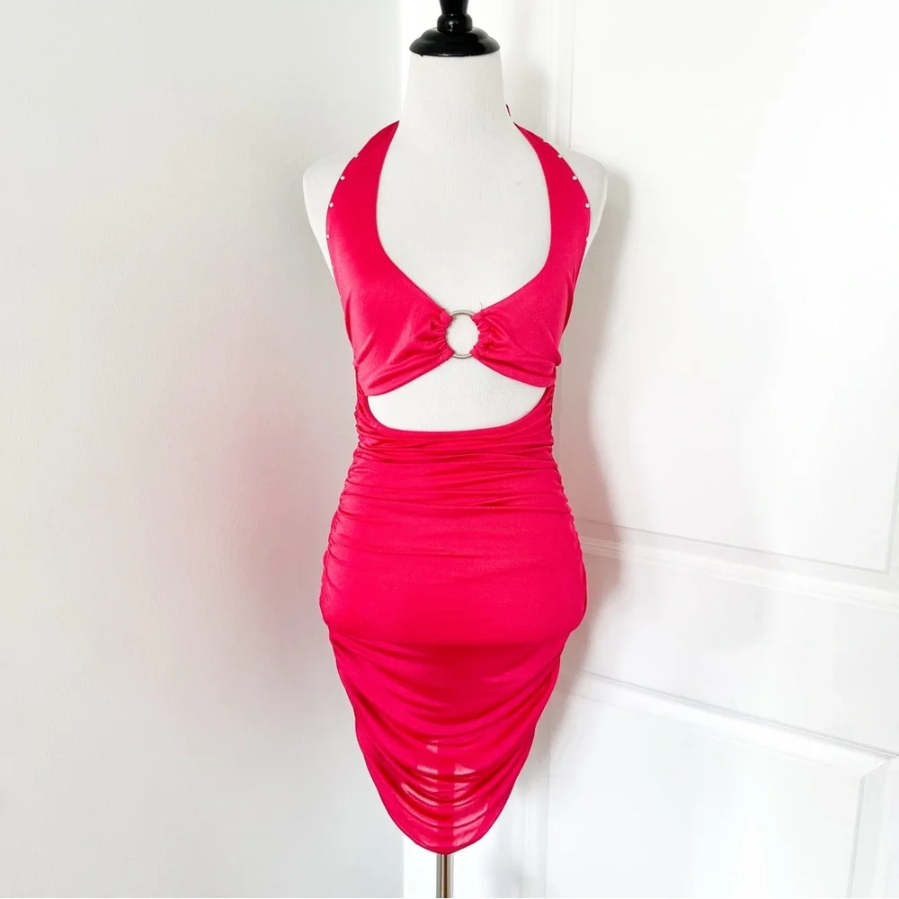 I.AM.GIA Hot Pink Mini Dress with Silver Ring and Pearl Trim -XS - Picture 2 of 5